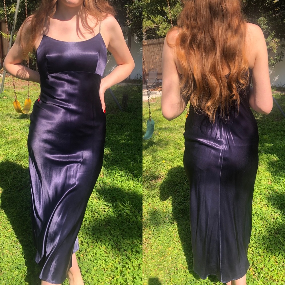 Gunne Sax Jessica McClintock 90's Satin Slip Dress Navy Rhinestone Strap 7/8